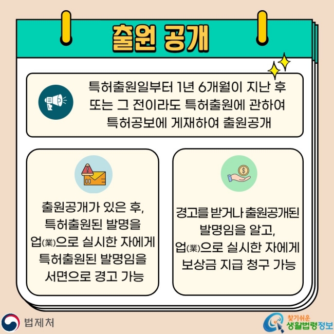 출원 공개 특허출원일부터 1년 6개월이 지난 후 또는 그 전이라도 특허출원에 관하여 특허공보에 게재하여 출원 공개 출원공개가 있은 후, 특허출원된 발명을 업으로 실시한 자에게 특허출원된 발명임을 서면으로 경고 가능 경고를 받거나 출원공개된 발명임을 알고, 업으로 실시한 자에게 보상금 지급 청구 가능