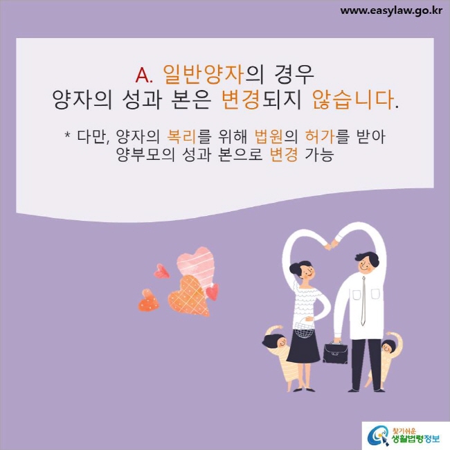 A. 일반양자의 경우 양자의 성과 본은 변경되지 않습니다. 
* 다만, 양자의 복리를 위해 법원의 허가를 받아 양부모의 성과 본으로 변경 가능