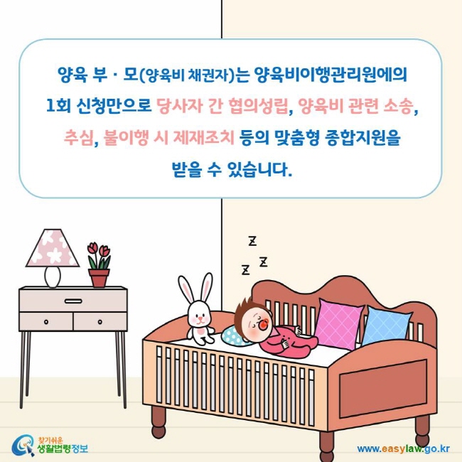 양육 부ㆍ모(양육비 채권자)는 양육비이행관리원에의 1회 신청만으로 당사자 간 협의성립, 양육비 관련 소송, 추심, 불이행 시 제재조치 등의 맞춤형 종합지원을 받을 수 있습니다.