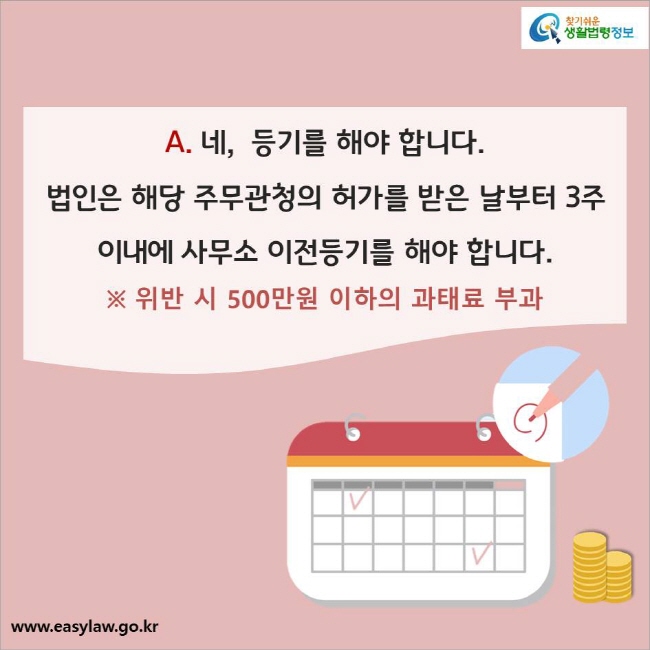 
A. 네,  등기를 해야 합니다. 법인은 해당 주무관청의 허가를 받은 날부터 3주 이내에 사무소 이전등기를 해야 합니다.
※ 위반 시 500만원 이하의 과태료 부과