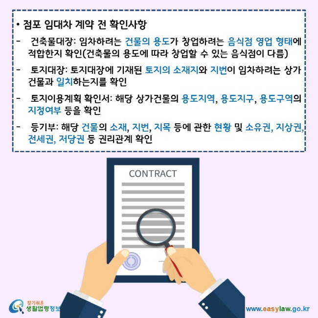 점포 임대차 계약 전 확인사항 건축물대장: 임차하려는 건물의 용도가 창업하려는 음식점 영업 형태에 적합한지 확인(건축물의 용도에 따라 창업할 수 있는 음식점이 다름) 토지대장: 토지대장에 기재된 토지의 소재지와 지번이 임차하려는 상가건물과 일치하는지를 확인 토지이용계획 확인서: 해당 상가건물의 용도지역, 용도지구, 용도구역의 지정여부 등을 확인 등기부: 해당 건물의 소재, 지번, 지목 등에 관한 현황 및 소유권, 지상권, 전세권, 저당권 등 권리관계 확인 찾기쉬운 생활법령정보 로고 www.easylaw.go.kr