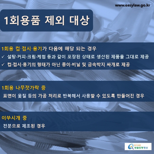 1회용품 제외 대상 1회용 컵·접시·용기가 다음에 해당 되는 경우 설탕·커피·크림·케첩 등과 같이 포장된 상태로 생산된 제품을 그대로 제공 컵·접시·용기의 형태가 아닌 종이·비닐 및 금속박지 싸개로 제공 1회용 나무젓가락 중 표면이 옻칠 등의 가공 처리로 반복해서 사용할 수 있도록 만들어진 경우 이쑤시개 중 전분으로 제조된 경우