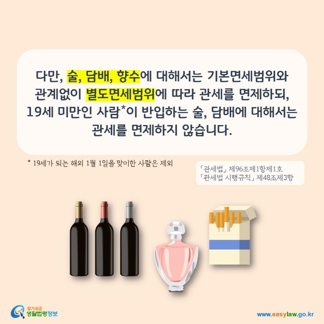 다만, 술, 담배, 향수에 대해서는 기본면세범위와 관계없이 별도면세범위에 따라 관세를 면제하되, 19세 미만인 사람(19세가 되는 해의 1월 1일을 맞이한 사람은 제외)이이 반입하는 술, 담배에 대해서는 관세를 면제하지 않습니다.