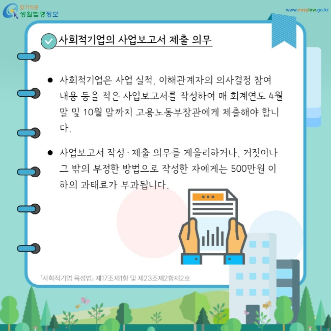 사회적기업의 사업보고서 제출 의무: 사회적기업은 사업 실적, 이해관계자의 의사결정 참여 내용 등을 적은 사업보고서를 작성하여 매 회계연도 4월 말 및 10월 말까지 고용노동부장관에게 제출해야 합니다. 사업보고서 작성·제출 의무를 게을리하거나, 거짓이나 그 밖의 부정한 방법으로 작성한 자에게는 500만원 이하의 과태료가 부과됩니다.