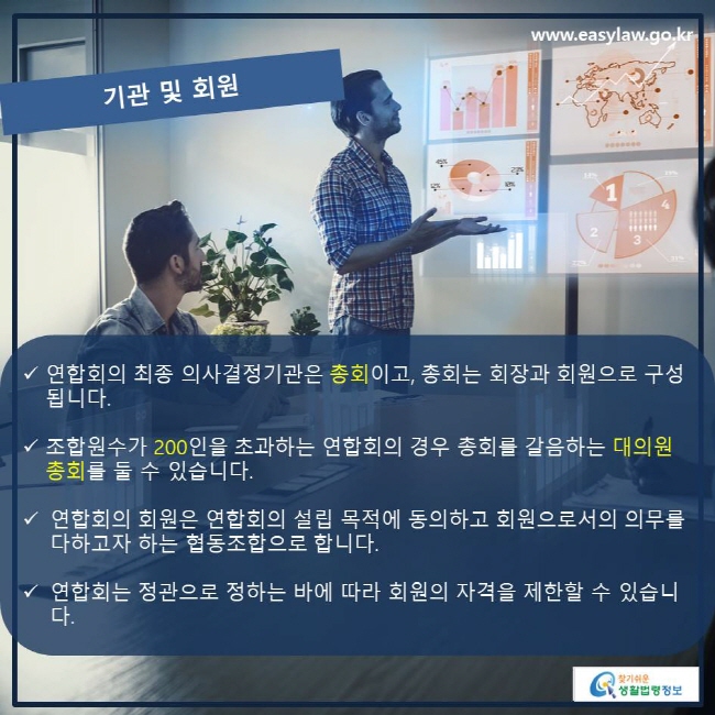 www.easylaw.go.kr 기관 및 회원 √ 연합회는 최종 의사결정기관은 총회이고, 총회는 회장과 회원으로 구성됩니다. √ 조합원수가 200인을 초과하는 연합회의 경우 총회를 갈음하는 대의원총회를 둘 수 있습니다. √ 연합회의 회원은 연합회의 설립 목적에 동의하고 회원으로서의 의무를 다하고자 하는 협동조합으로 합니다. √ 연합회는 정관으로 정하는 바에 따라 회원의 자격을 제한할 수 있습니다.