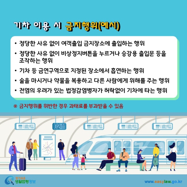 기차 이용 시 금지행위(예시) 정당한 사유 없이 여객출입 금지장소에 출입하는 행위 정당한 사유 없이 비상정지버튼을 누르거나 승강용 출입문 등을 조작하는 행위 기차 등 금연구역으로 지정된 장소에서 흡연하는 행위 술을 마시거나 약물을 복용하고 다른 사람에게 위해를 주는 행위 전염의 우려가 있는 법정감염병자가 허락없이 기차에 타는 행위 ※ 금지행위를 위반한 경우 과태료를 부과받을 수 있음