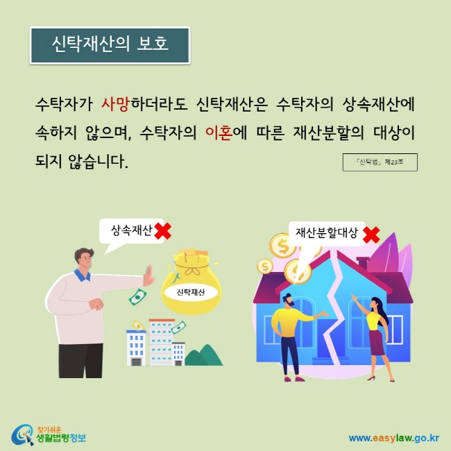 수탁자가 사망하더라도 신탁재산은 수탁자의 상속재산에 속하지 않으며, 수탁자의 이혼에 따른 재산분할의 대상이 되지 않습니다. 