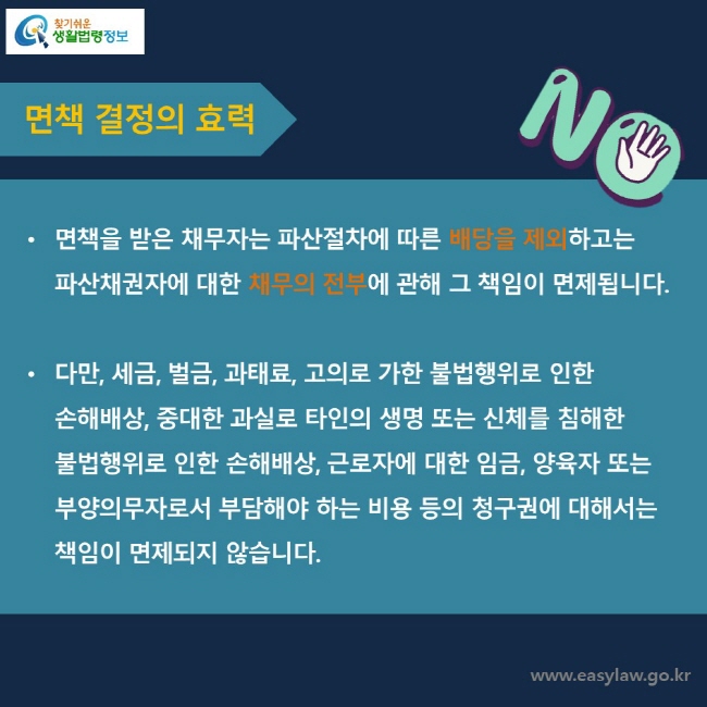 면책 결정의 효력면책을 받은 채무자는 파산절차에 따른 배당을 제외하고는 파산채권자에 대한 채무의 전부에 관해 그 책임이 면제됩니다.다만, 세금, 벌금, 과태료, 고의로 가한 불법행위로 인한 손해배상, 중대한 과실로 타인의 생명 또는 신체를 침해한 불법행위로 인한 손해배상, 근로자에 대한 임금, 양육자 또는 부양의무자로서 부담해야 하는 비용 등의 청구권에 대해서는 책임이 면제되지 않습니다.