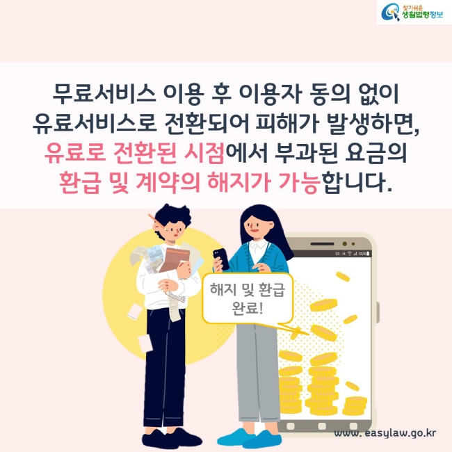 무료서비스 이용 후 이용자 동의 없이 유료서비스로 전환되어 피해가 발생하면, 유료로 전환된 시점에서 부과된 요금의 환급 및 계약의 해지가 가능합니다.