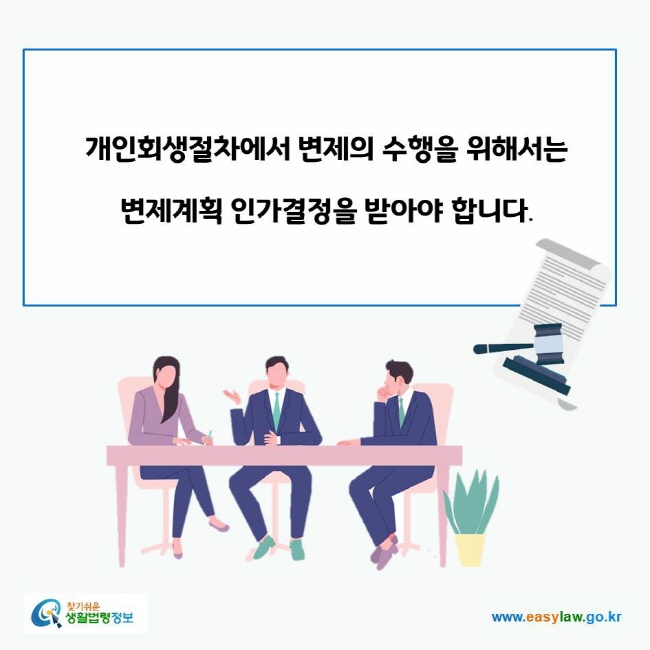 www.easylaw.go.kr 개인회생절차에서 변제의 수행을 위해서는 변제계획 인가결정을 받아야 합니다. 