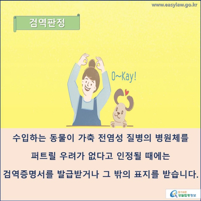 검역판정
수입하는 동물이 가축 전염성 질병의 병원체를 퍼트릴 우려가 없다고 인정될 때에는 검역증명서를 발급받거나 그 밖의 표지를 받습니다.
