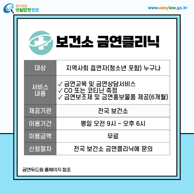 보건소 금연클리닉
1. 대상: 지역사회 흡연자(청소년 포함) 누구나
2. 서비스내용: 금연교육 및 금연상담서비스, CO 또는 코티닌 측정, 금연보조제 및 금연홍보물품 제공(6개월)
3. 제공기관: 전국 보건소
4. 이용기간: 평일 오전 9시 ~ 오후 6시
5. 이용금액: 무료
6. 신청절차: 전국 보건소 금연클리닉에 문의
출처: 금연두드림 홈페이지 참조