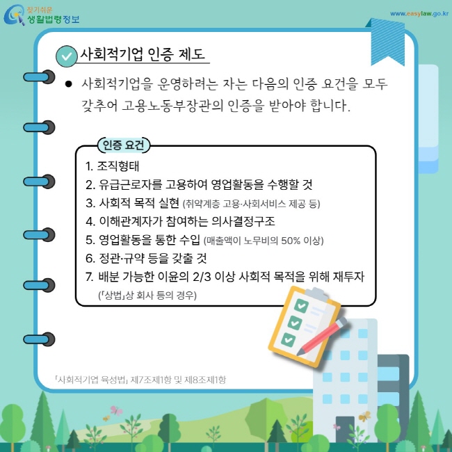 사회적기업 인증 제도: 사회적기업을 운영하려는 자는 다음의 인증 요건을 모두 갖추어 고용노동부장관의 인증을 받아야 합니다. 1. 조직형태 2. 유급근로자를 고용하여 영업활동을 수행할 것 3. 사회적 목적 실현(취약계층 고용·사회서비스 제공 등) 4. 이해관계자가 참여하는 의사결정구조  5. 영업활동을 통한 수입(매출액이 노무비의 50% 이상) 6. 정관·규약 등을 갖출 것 7. 배분 가능한 이윤의 2/3 이상 사회적 목적을 위해 재투자 (「상법」상 회사 등의 경우)