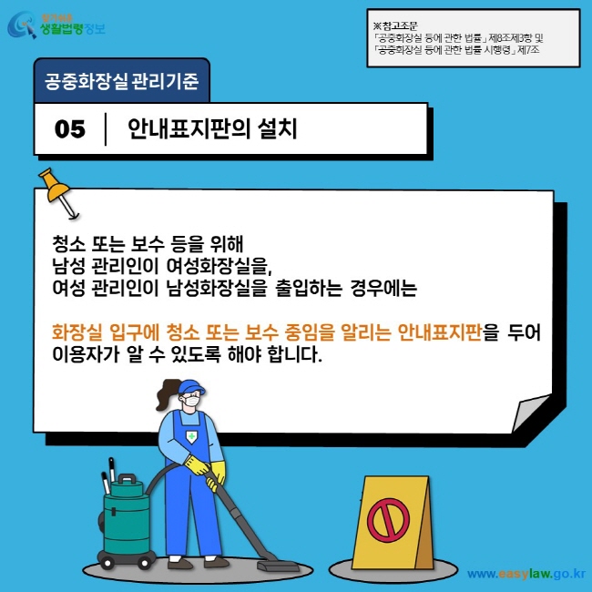 공중화장실 관리기준 05 안내표지판의 설치 청소 또는 보수 등을 위해  남성 관리인이 여성화장실을,  여성 관리인이 남성화장실을 출입하는 경우에는   화장실 입구에 청소 또는 보수 중임을 알리는 안내표지판을 두어 이용자가 알 수 있도록 해야 합니다. ※ 참고조문 「공중화장실 등에 관한 법률」 제8조제3항 및  「공중화장실 등에 관한 법률 시행령」 제7조