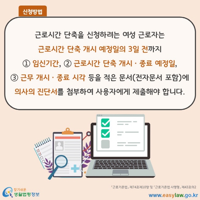 신청방법 근로시간 단축을 신청하려는 여성 근로자는 근로시간 단축 개시 예정일의 3일 전까지 ① 임신기간, ② 근로시간 단축 개시ㆍ종료 예정일, ③ 근무 개시ㆍ종료 시각 등을 적은 문서(전자문서 포함)에 의사의 진단서를 첨부하여 사용자에게 제출해야 합니다. 「근로기준법」 제74조제10항 및 「근로기준법 시행령」 제43조의2