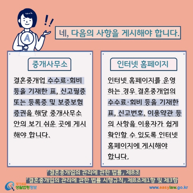  네, 다음의 사항을 게시해야 합니다. 중개사무소 결혼중개업 수수료·회비 등을 기재한 표, 신고필증또는 등록증 및 보증보험증권을 해당 중개사무소 안의 보기 쉬운 곳에 게시해야 합니다. 인터넷 홈페이지 인터넷 홈페이지를 운영 하는 경우 결혼중개업의  수수료·회비 등을 기재한 표, 신고번호, 이용약관 등의 사항을 이용자가 쉽게 확인할 수 있도록 인터넷 홈페이지에 게시해야  합니다.