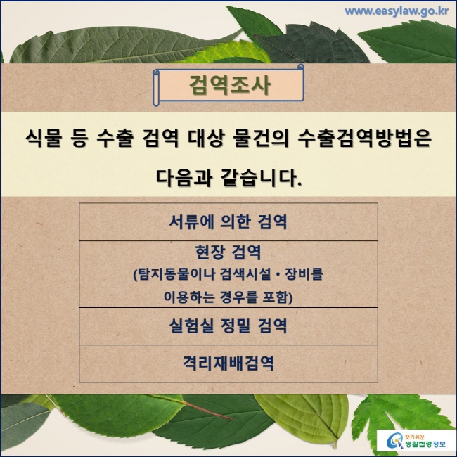 검역조사 식물 등 수출 검역 대상 물건의 수출검역방법은 다음과 같습니다. 서류에 의한 검역, 현장검역(탐지동물이나 검색시설ㆍ장비를 이용하는 경우를 포함), 실험실 정밀 검역, 격리재배검역