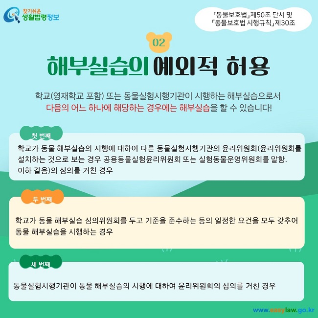 02 해부실습의 예외적 허용 학교(영재학교 포함) 또는 동물실험시행기관이 시행하는 해부실습으로서  다음의 어느 하나에 해당하는 경우에는 해부실습을 할 수 있습니다! 첫 번째 학교가 동물 해부실습의 시행에 대하여 다른 동물실험시행기관의 윤리위원회(윤리위원회를 설치하는 것으로 보는 경우 공용동물실험윤리위원회 또는 실험동물운영위원회를 말함. 이하 같음)의 심의를 거친 경우 두 번째 학교가 동물 해부실습 심의위원회를 두고 기준을 준수하는 등의 일정한 요건을 모두 갖추어 동물 해부실습을 시행하는 경우 세 번째 동물실험시행기관이 동물 해부실습의 시행에 대하여 윤리위원회의 심의를 거친 경우 「동물보호법」 제50조 단서 및  「동물보호법 시행규칙」 제30조
