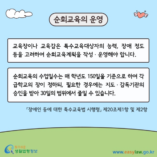 순회교육의 운영 교육장이나 교육감은 특수교육대상자의 능력, 장애 정도 등을 고려하여 순회교육계획을 작성ㆍ운영해야 합니다. 순회교육의 수업일수는 매 학년도 150일을 기준으로 하여 각급학교의 장이 정하되, 필요한 경우에는 지도ㆍ감독기관의 승인을 받아 30일의 범위에서 줄일 수 있습니다. 「장애인 등에 대한 특수교육법 시행령」 제20조제1항 및 제2항