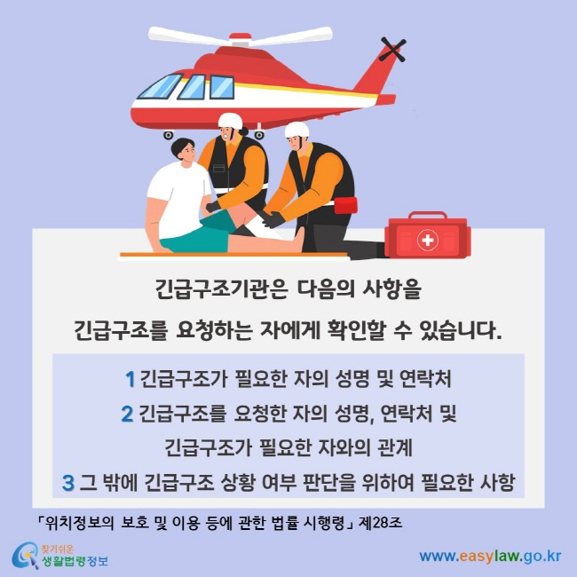 긴급구조 시 개인위치정보 이용, 긴급구조기관은 다음의 사항을 긴급구조를 요청하는 자에게 확인할 수 있습니다. 1 긴급구조가 필요한 자의 성명 및 연락처 2 긴급구조를 요청한 자의 성명, 연락처 및 긴급구조가 필요한 자와의 관계 3 그 밖에 긴급구조 상황 여부 판단을 위하여 필요한 사항 「위치정보의 보호 및 이용 등에 관한 법률 시행령」 제28조