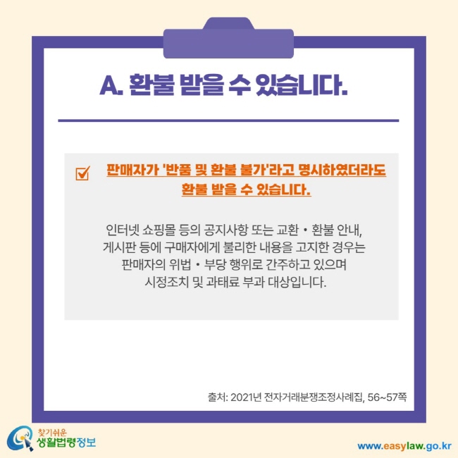 A. 환불 받을 수 있습니다. 판매자가 '반품 및 환불 불가'라고 명시하였더라도 환불 받을 수 있습니다. 인터넷 쇼핑몰 등의 공지사항 또는 교환 환불 안내, 게시판 등에 구매자에게 불리한 내용을 고지한 경우는 판매자의 위법 부당 행위로 간주하고 있으며 시정조치 및 과태료 부과 대상입니다. 출처: 2021년 전자거래분쟁조정사례집, 56-57쪽