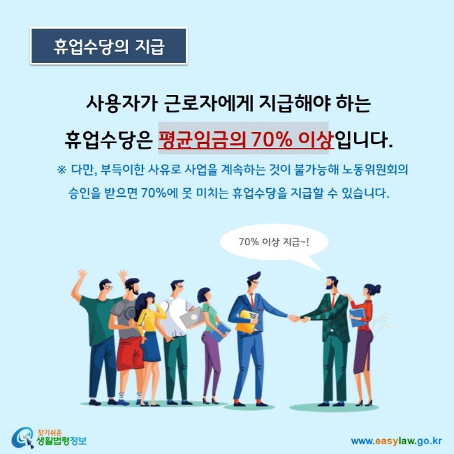 사용자가 근로자에게 지급해야 하는  휴업수당은 평균임금의 70% 이상입니다.    ※ 다만, 부득이한 사유로 사업을 계속하는 것이 불가능해 노동위원회의  승인을 받으면 70%에 못 미치는 휴업수당을 지급할 수 있습니다.