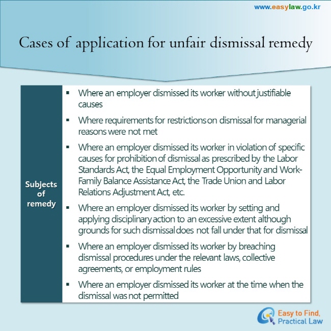 Cases of application for unfair dismissal remedy

Subjects of remedy

● Where an employer dismissed its worker without justifiable causes
● Where requirements for restrictions on dismissal for managerial reasons were not met
● Where an employer dismissed its worker in violation of specific causes for prohibition of dismissal as prescribed by the Labor Standards Act, the Equal Employment Opportunity and Work-Family Balance Assistance Act, the Trade Union and Labor Relations Adjustment Act, etc.
● Where an employer dismissed its worker by setting and applying disciplinary action to an excessive extent although grounds for such dismissal does not fall under that for dismissal
● Where an employer dismissed its worker by breaching dismissal procedures under the relevant laws, collective agreements, or employment rules
● Where an employer dismissed its worker at the time when the dismissal was not permitted