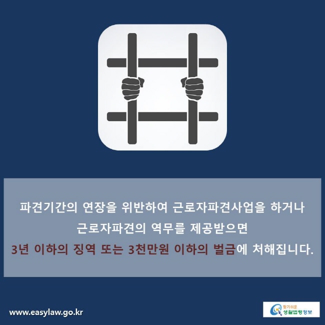 파견기간의 연장을 위반하여 근로자파견사업을 하거나 근로자파견의 역무를 제공받으면 3년 이하의 징역 또는 3천만원 이하의 벌금에 처해집니다. 