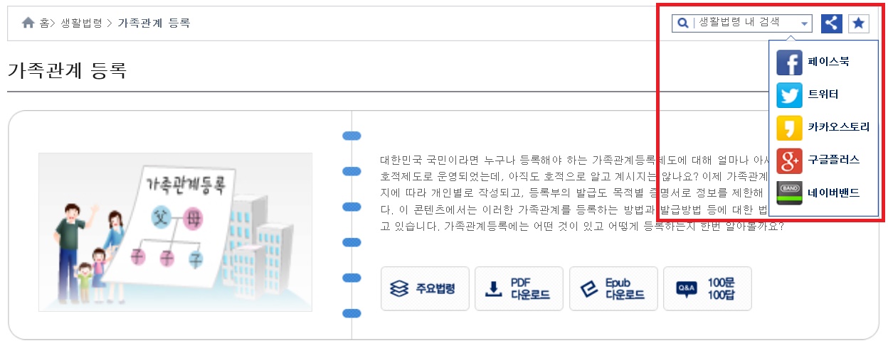 생활법령 공유버튼을 클릭하면, 페이스북, 트위터, 카카오스토리, 구글플러스, 네이버밴드에 공유할 수 있습니다.