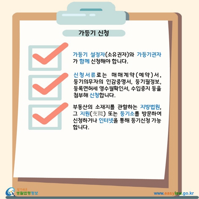 가등기 신청 가등기 설정자(소유권자)와 가등기권자가 함께 신청해야 합니다. 신청서류로는 매매계약(예약)서, 등기의무자의 인감증명서, 등기필정보, 등록면허세 영수필확인서, 수입증지 등을 첨부해 신청합니다. 부동산의 소재지를 관할하는 지방법원, 그 지원(支院) 또는 등기소를 방문하여 신청하거나 인터넷을 통해 등기신청 가능합니다. 찾기 쉬운 생활법령정보 로고 www.easylaw.go.kr