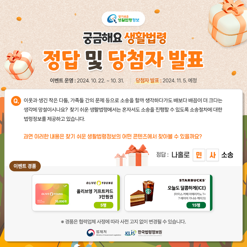 찾기 쉬운 생활법령정보 궁금해요 생활법령 정답 및 당첨자 발표 이벤트 운영 2024.10.22.~10.31. 당첨자발표 2024.11.5. 예정 Q. 이웃과 생긴 작은 다툼, 가족들 간의 문제 등으로 소송을 할까 생각하다가도 배보다 배꼽이 더 크다는 생각에 망설이시나요? 찾기 쉬운 생활법령에서는 혼자서도 소송을 진행할 수 있도록 소송절차에 대한 법령정보를 제공하고 있습니다. 과연 이러한 내용은 찾기 쉬운 생활법령정보의 어떤 콘텐츠에서 찾아볼 수 있을까요? 정답 나홀로 민사소송 이벤트 경품 올리브영 기프트카드 3만원권 5명 스타벅스 오늘도 달콤하게(ICE) 아이스 카페 아메리카노 T + 7레이어가나슈케이크 15명 ※경품은 협력업체 사정에 따라 사전 고지 없이 변경될 수 있습니다. 법제처 한국법령정보원