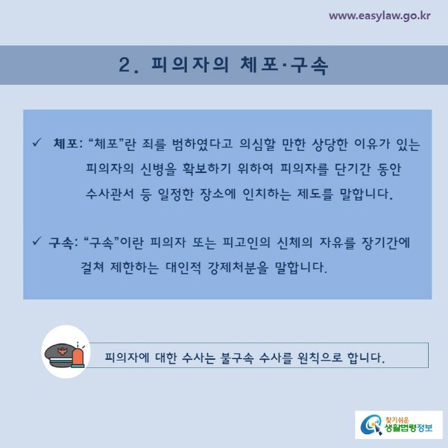 2. 피의자의 체포·구속 체포: “체포”란 죄를 범하였다고 의심할 만한 상당한 이유가 있는            피의자의 신병을 확보하기 위하여 피의자를 단기간 동안             수사관서 등 일정한 장소에 인치하는 제도를 말합니다 구속: “구속”이란 피의자 또는 피고인의 신체의 자유를 장기간에           걸쳐 제한하는 대인적 강제처분을 말합니다.