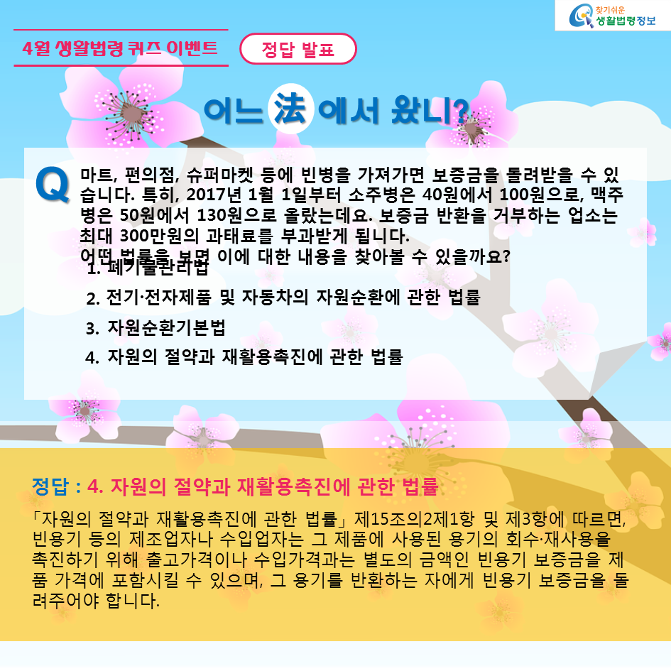 생활법령 퀴즈 이벤트 정답 발표 4월 퀴즈 이벤트 정답 발표, 빈병 보증금 반환 법률