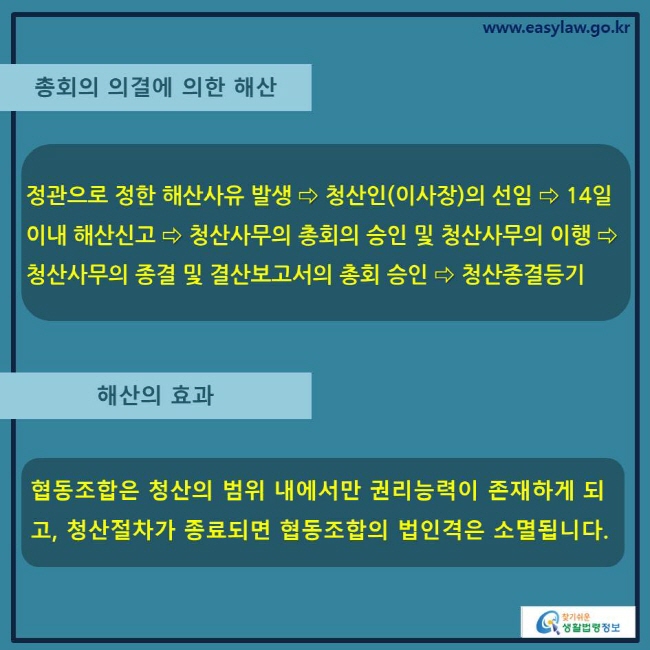 www.easylaw.go.kr 협동조합은 청산의 범위 내에서만 권리능력이 존재하게 되고, 청산절차가 종료되면 협동조합의 법인격은 소멸됩니다.