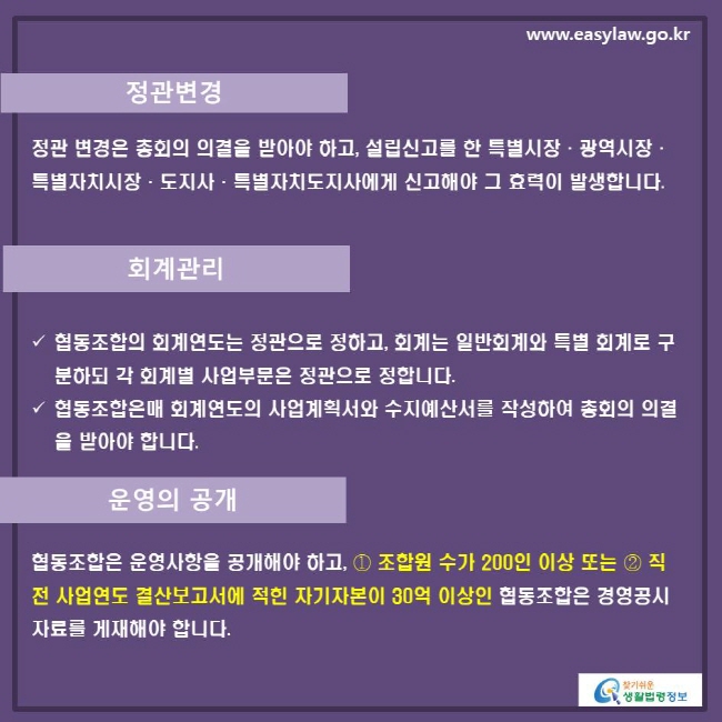 www.easylaw.go.kr 정관변경 정관 변경은 총회의 의결을 받아야 하고, 설립신고를 한 특별시장·광역시장·특별자치시장·도지사·특별자치도지사에게 신고해야 그 효력이 발생합니다. √ 회계관리 협동조합의 회계연도는 정관으로 정하고, 회계는 일반회계와 특별 회계로 구분하되 각 회계별 사업부문은 정관으로 정합니다. √ 협동조합은매 회계연도의 사업계획서와 수지예산서를 작성하여 총회의 의결을 받아야 합니다. 운영의 공개 협동조합은 운영사항을 공개해야 하고, ① 조합원 수가 200인 이상 또는 ② 직전 사업연도 결산보고서에 적힌 자기자본이 30억 이상인 협동조합은 경영공시자료를 게재해야 합니다. 