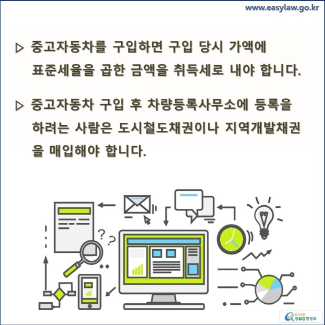 ▷ 중고자동차를 구입하면 구입 당시 가액에 표준세율을 곱한 금액을 취득세로 내야 합니다. ▷ 중고자동차 구입 후 차량등록사무소에 등록을 하려는 사람은 도시철도채권이나 지역개발채권을 매입해야 합니다