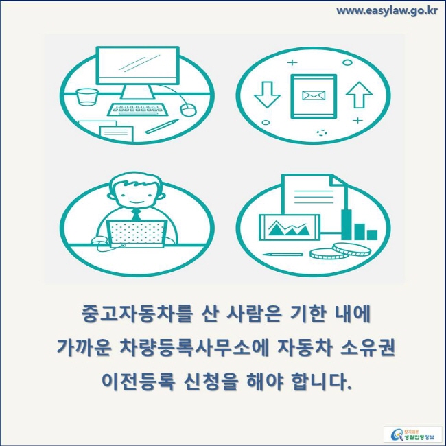 중고자동차를 산 사람은 기한 내에 가까운 차량등록사무소에 자동차 소유권 이전등록 신청을 해야 합니다. 