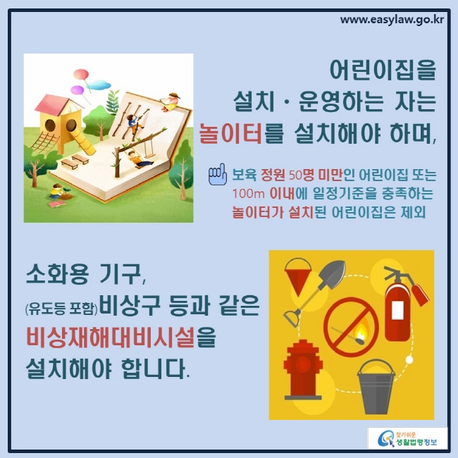 어린이집을 설치ㆍ운영하는 자는 놀이터를 설치해야 하며, (☝ 보육 정원 50명 미만인 어린이집 또는 100m 이내에 일정기준을 충족하는 놀이터가 설치된 어린이집은 제외) 소화용 기구, (유도등 포함)비상구 등과 같은 비상재해대비시설을 설치해야 합니다.