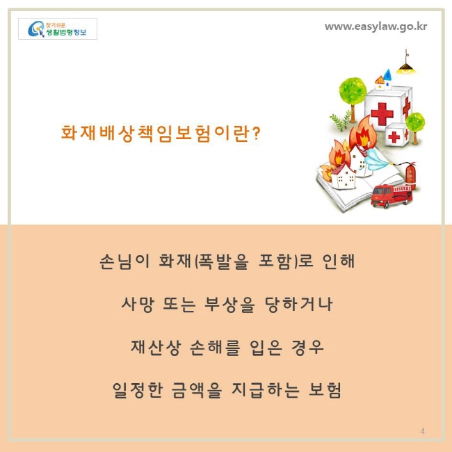 화재배상책임보험이란 손님이 화재(폭발을 포함)로 인해 사망 또는 부상을 당하거나 재산상 손해를 입은 경우 일정한 금액을 지급하는 보험