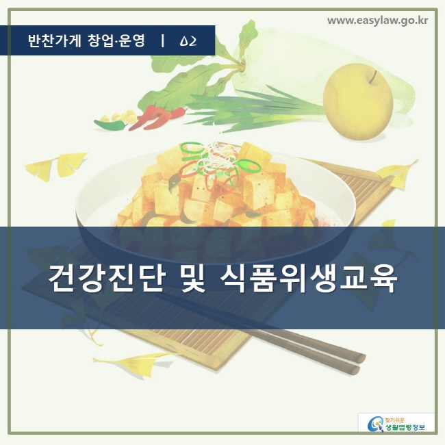 반찬가게 창업·운영 ㅣ 02, 건강진단 및 식품위생교육, www.easylaw.go.kr, 찾기 쉬운 생활법령 정보 로고