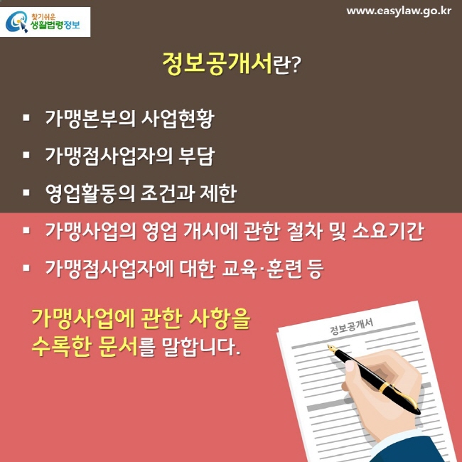 정보공개서란? 가맹본부의 사업현황 가맹점사업자의 부담 영업활동의 조건과 제한 가맹사업의 영업 개시에 관한 절차 및 소요기간 가맹점사업자에 대한 교육·훈련 등 가맹사업에 관한 사항을 수록한 문서를 말합니다. 