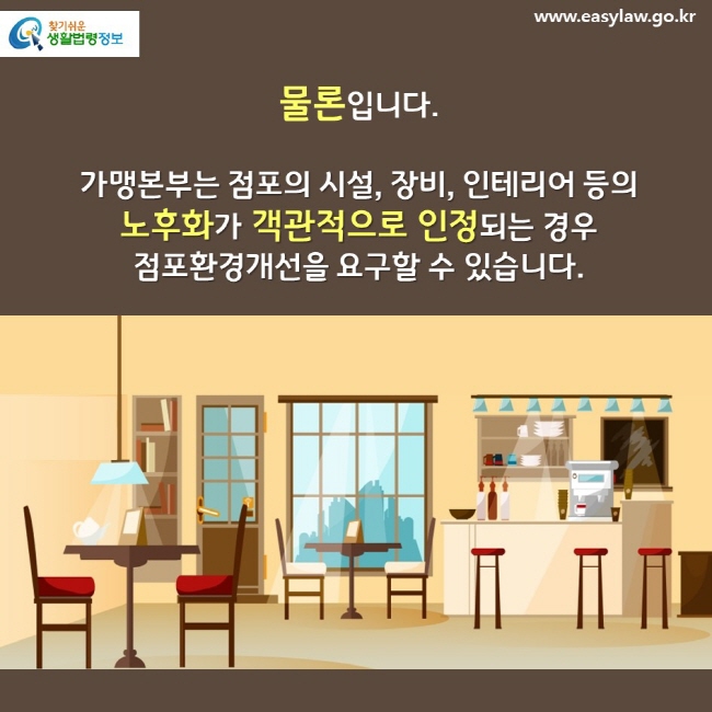 물론입니다. 가맹본부는 점포의 시설, 장비, 인테리어 등의 노후화가 객관적으로 인정되는 경우 점포환경개선을 요구할 수 있습니다.