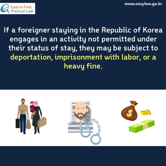 If a foreigner staying in the Republic of Korea engages in an activity not permitted under their status of stay, they may be subject to deportation, imprisonment with labor, or a heavy fine.