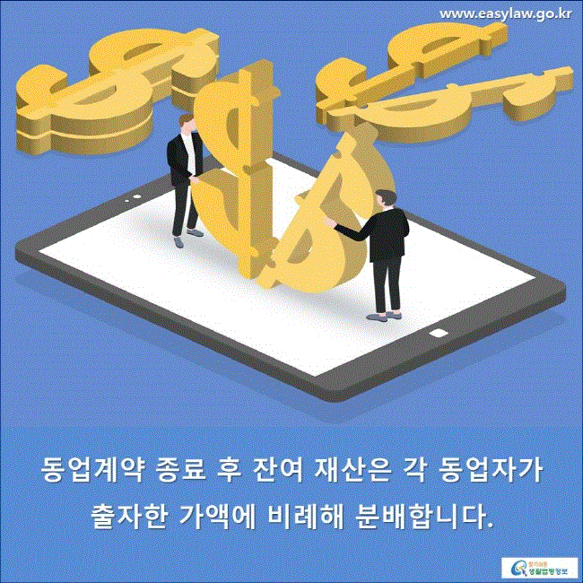 동업계약 종료 후 잔여 재산은 각 동업자가 출자한 가액에 비례해 분배합니다.