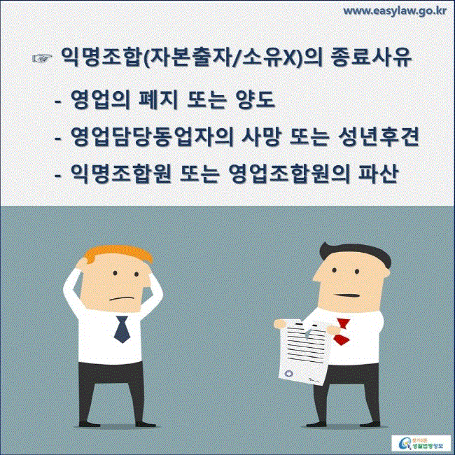 ☞ 익명조합(자본출자/소유X)의 종료사유 - 영업의 폐지 또는 양도 - 영업담당동업자의 사망 또는 성년후견 - 익명조합원 또는 영업조합원의 파산 