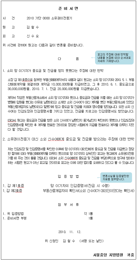 준비서면 작성 예시방법으로 사건명, 원고 피고의 성명을 작성한 이후에 피고의 주장에 대해 반박할 내용을 논점에 따라 순서대로 자세히 기재합니다.