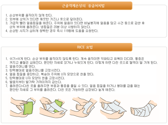 어린이가 높은 곳에서 떨어지거나 미끄러져 다친 경우 취할 수 있는 근골격계손상의 응급처치법과 붕대지혈요법을 설명한 그림