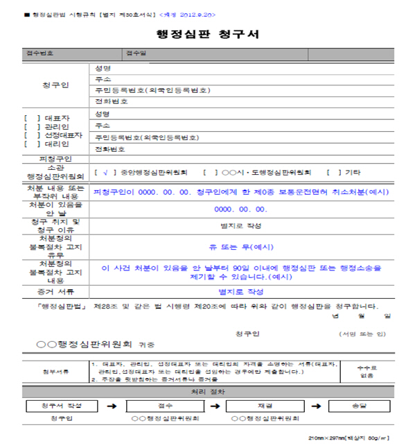 자동차운전면허취소처분 관련 행정심판청구서 작성례