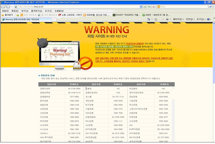 파밍사이트 차단 안내 페이지 연결되는 사례 예시