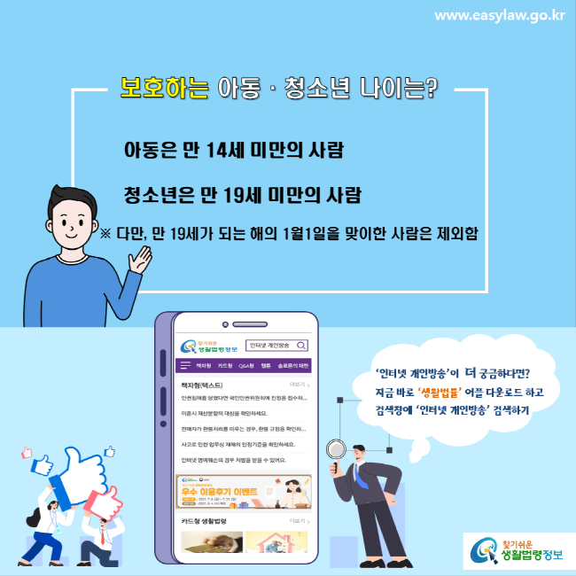 www.easylaw.go.kr 보호하는 아동·청소년 나이는? 아동은 만 14세 미만의 사람 청소년은 만 19세 미만의 사람 ※ 다만 만 19세가 되는 해의 1월1일을 맞이한 사람은 제외함 ‘인터넷 개인방송’이 더 궁금하다면? 지금 바로 ‘생활법률’ 어플 다운로드 하고 검색창에 ‘인터넷 개인방송’ 검색하기